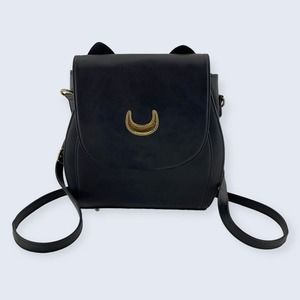 Sailermoon Black Vegan Goldtone Adjustable Convertible Straps Snap Flap Backpack